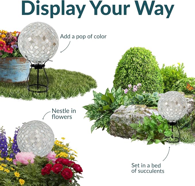 Sunnydaze 10" Mosaic Glass Gazing Ball for Garden, Globe for Outdoor Decor | Mirrored Diamond, 2 pk, Decorative Sphere Fits Most Stands, Garden Ball for Outside, Flower Bed, Backyard, or Indoor Display