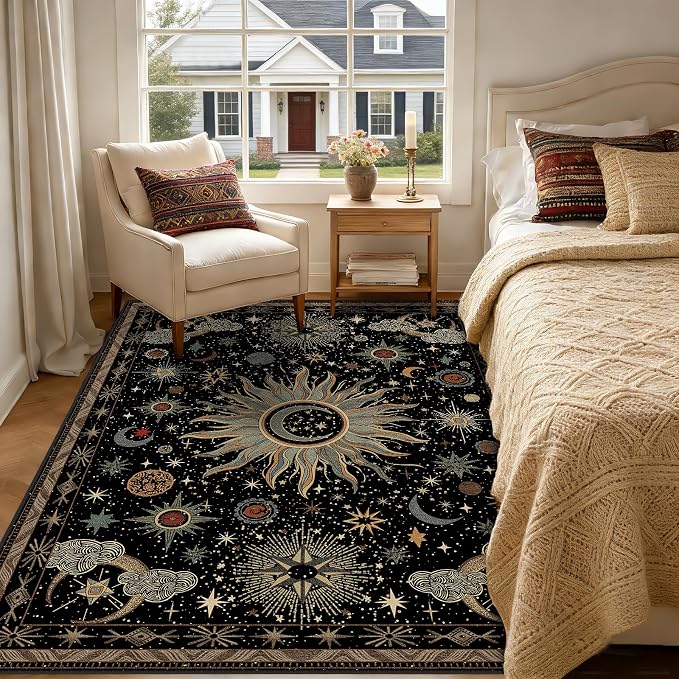 Vacuum-Friendly, 6x9 Washable Area Rug, Black Green Beige | Sun and Moon Boho Gothic Non-Slip Low Pile Living Roon Bedroom Dining Room Kitchen Entry Entryway Entrance Hallway Doormat