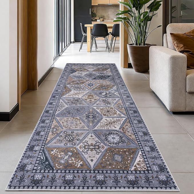 Moroccan Vintage Distressed Boho Floral Geometric 2.7x10 Runner Rug | Washable Non Slip Throw Floor Long Carpet Runner for Hallway Entryway Kitchen Bathroom Bedroom Livingroom Light Grey