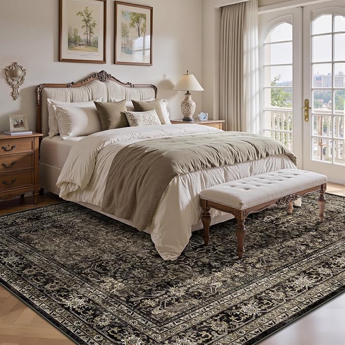 8x10 Area Rugs for Living Room - Washable Vintage Retro Large Rug, Soft Ultra Thin Non Slip Low Pile Traditional Distressed Boho Carpet for Bedroom Dining Room Home Office, Brown