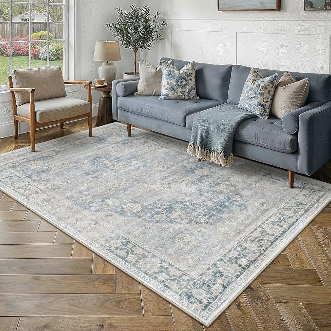 5x7 Blue Farmhouse Area Rug | Washable, Non Slip, Soft Low Pile, Neutral Vintage, for Living Room Bedroom Dining Room Office Indoor Home Decor