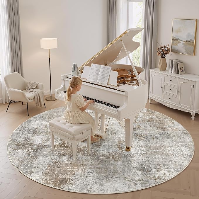 8Ft Round Area Rug Washable Abstract Rugs for Living Room Light Brown/Grey | for Bedroom, Dining Room, Office, Nursery, Soft Neutral, Low Pile Non-Slip, Kid Pet Friendly, Large Indoor Carpet, Home Decor