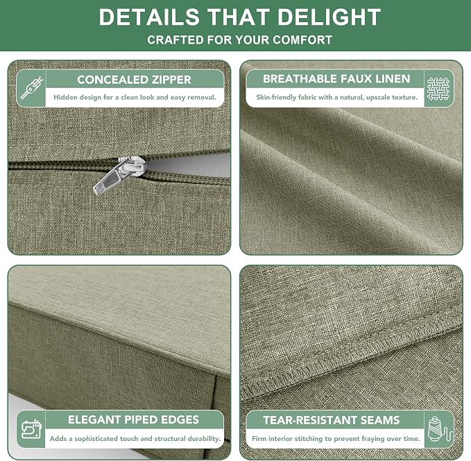 Summsun Water Resistant Outdoor Chair Cushions, Faux Linen Backrest and Deep Seat Cushion Set with Ties, Removable Cover, Non-Slip Bottom for Patio Furniture, 22 x 22 Inch, Mocca Green
