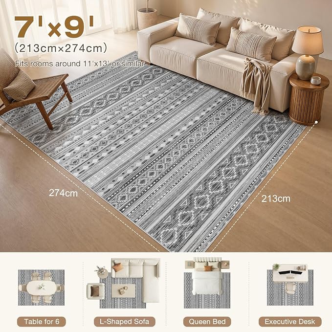 cotiled Boho 7x9 Area Rug for Living Room: Large Moroccan Washable Rug | Stain Resistan Indoor Carpet for Bedroom Dining Room Beige Grey