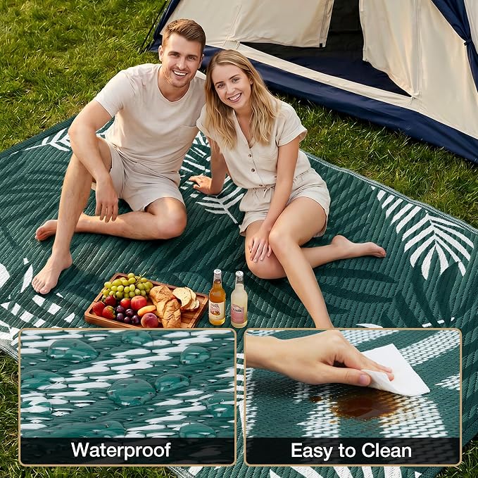 Kohree Outdoor Rug Waterproof 9x12, Reversible Outdoor Plastic Straw Rug with Leaf Pattern, Easy-Cleaning RV Mat Carpet for Patio,Porch, Camping, Balcony, Deck, Backyard, Green