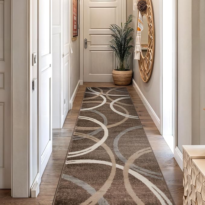 Rugshop Wavy Circles Modern Fade-Resistant Runner Rug Brown 2' x 10' | Runner, Size 2' x 10', Living Room, Bedroom, Dining Room, Home Office, Kitchen, Entryway, Hallway, Nursery, Kids Room
