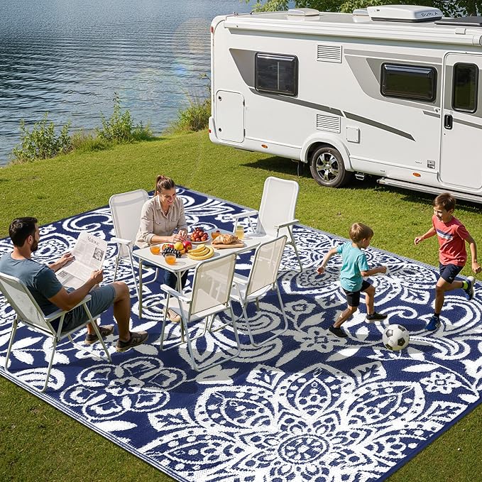 Findosom Waterproof Outdoor Rug 5' x 8' - Reversible Mandala Outdoor Plastic Straw Rug, Durable Foldable Patio Rug for RV, Deck, Balcony, Backyard, Picnic, Porch, Camping, Beach, Navy
