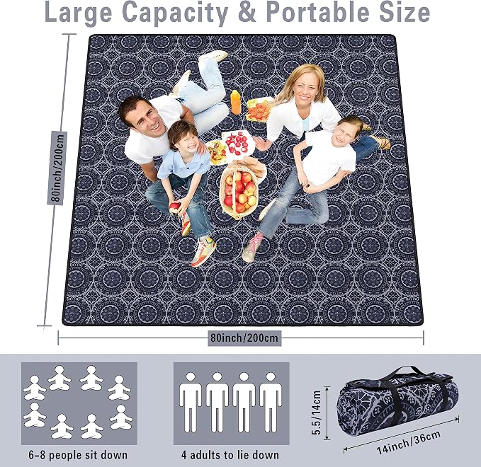 Supfitness Extra Large Picnic Blankets Waterproof Foldable (80 "x 80") Beach Blanket Waterproof Sandproof,3-Layer Thicking Mat Outdoor Packable Camping Blanket