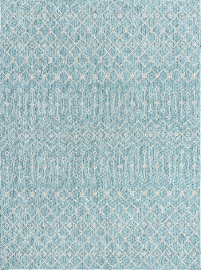 Unique Loom Outdoor Trellis Collection Area Rug - Tribal Trellis (10' x 13' 1" Rectangle, Aqua/ Ivory)