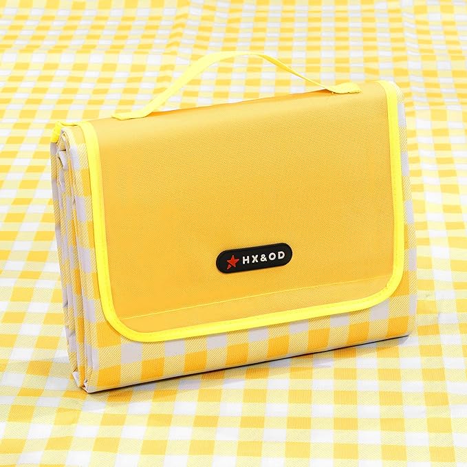 HX&OD Picnic Blanket Outdoor Extra Large Picnic Mat 80"X60" Camping Blanket Beach Blanket Foldable Waterproof Sand Mat Hiking Travel Family Concerts(Yellow)