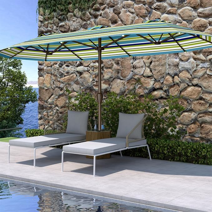 15FT Double Sided Patio Umbrella with Base Included Large Outdoor Market Umbrella with Crank Handle, UV Resistant Canopy, Sturdy Frame for Garden, Poolside, Deck, Green Stripes