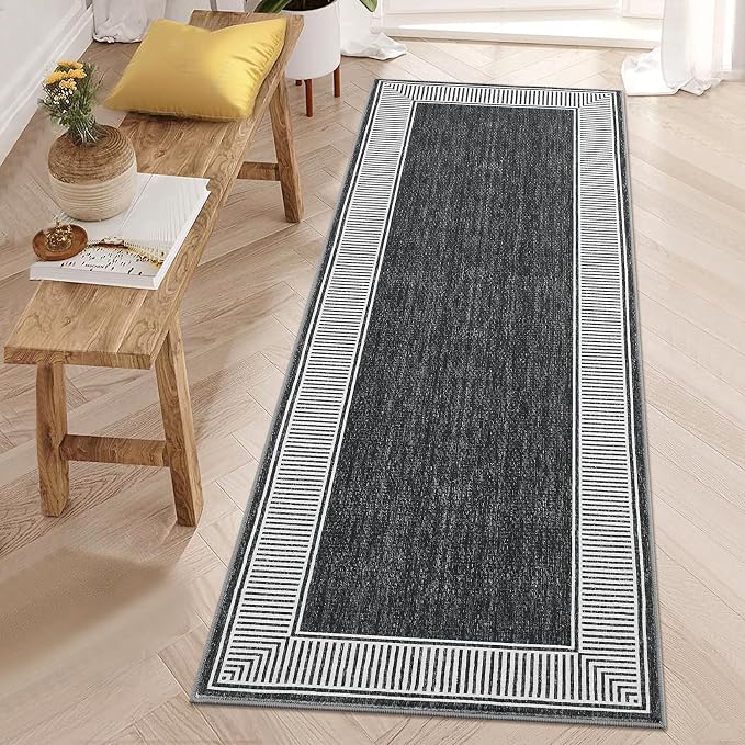 GarveeHome Hallway Runner Rug 2x10 Washable Kitchen Runner Carpets | Non Slip Stain Resistant Modern Bordered Black Rugs for Bathroom Living Room Bedroom, Black