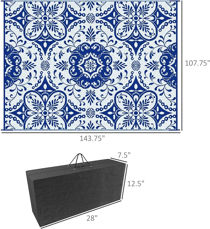 Outsunny Reversible Outdoor Rug Carpet, 9' x 12' Waterproof Plastic Straw Rug, Portable RV Camping Rugs with Carry Bag, Large Floor Mat for Backyard, Deck, Picnic, Beach, Blue & White Floral