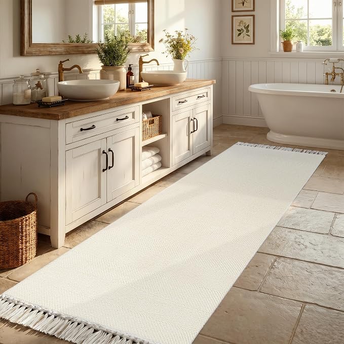 Boho Washable Kitchen Rug, White Hallway Runner Rugs | 2.6' x 8' Modern Farmhouse Bathroom Rugs, Hand Woven Entry Hall Carpet for Laundry Bedroom Hallway Bedside Porch Decor