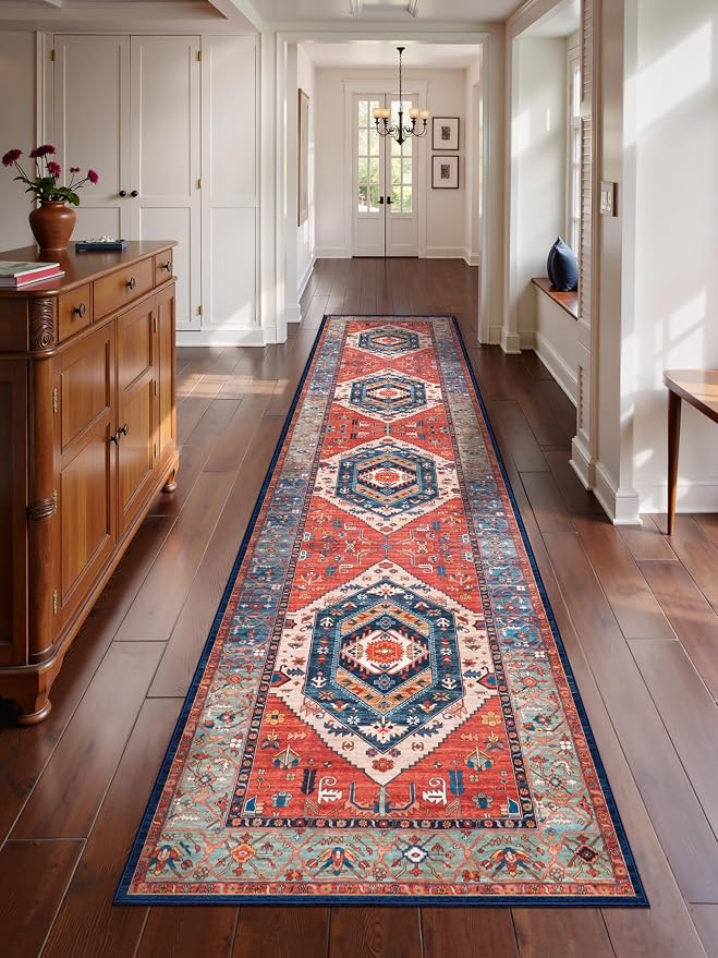 SERISSA 2'6"x12' Washable Non Slip Boho Runner Rug for Hallway，Rust | Ultra Soft Vintage Oriental Carpet Low-Pile Extra Long Tribal Floor Carpet for Kitchen Bedroom Entryway Bathroom Laundry Room