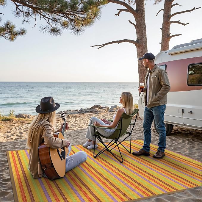 GENIMO Outdoor Rug for Patio Clearance, 9'x12' Reversible Plastic Straw Rugs, Lightweight Waterproof RV Camping Mat for Camper, Balcony, Deck, Backyard, Picnic, Rainbow