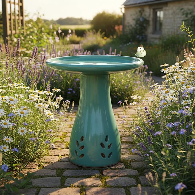 Sunnydaze 21" H Ceramic Bird Bath for Outside - Hand-Painted Outdoor Bird Bath Bowl, UV/Frost-Resistant Finish - Seafoam
