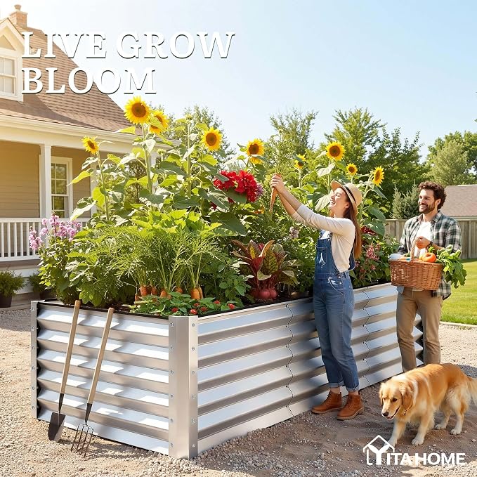 YITAHOME 8x4x3ft Galvanized Raised Garden Bed, Metal Planter Box with Safety Rubber, Gloves, Outdoor Flower Bed for Planting Plants Vegetables, Silver