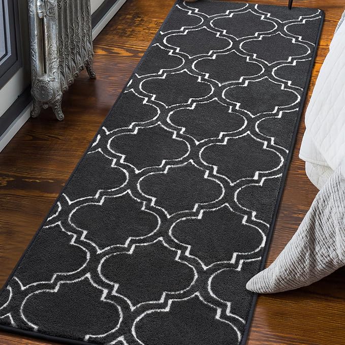 Chicrug 2x6 Shag Geometric Modern Runner Rug for Bedroom Hallway | Memory Foam Indoor Runner Carpet, Fluffy Rug for Living Room Bedside Room for Family, Dark Grey and White