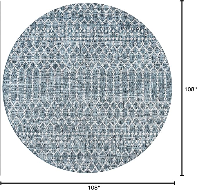 JONATHAN Y Moroccan Geometric Indoor Outdoor Round Area Rug 9 Ft Teal/Gray, Ourika Textured Weave for Backyard, Patio, Porch, Easy-Cleaning, High Traffic, Pet-Friendly, Non-Shedding (SMB108C-9R)