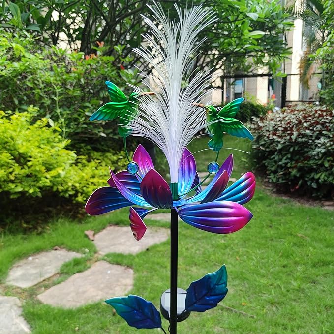 Solar Hummingbird Wind Spinners, Solar Firework Lights Garden Décor, Metal Lotus Flower Windmill Colour Changing Optical Fiber Lights Yard Decoration, Outdoor Wind Sculpture for Lawn Patio,Balcony