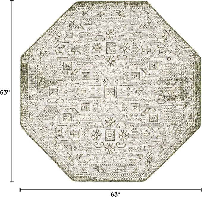 Unique Loom Outdoor Aztec Collection Area Rug - Coba (5' 3" Octagon, Green/ Ivory)
