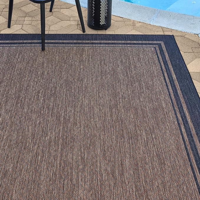 Gertmenian Indoor/Outdoor Flatweave Area Rug - 8x10 Large, Stain & UV Resistant, Ideal For Deck, Patio, Poolside, Mudroom - Simple Border, Black, 21359