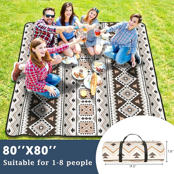 SAMSIER Large Outdoor Picnic Blankets Waterproof Foldable, Beach Blanket Sandproof Portable, Picnic Mat Washable for Camping (80"×80", Thickened)