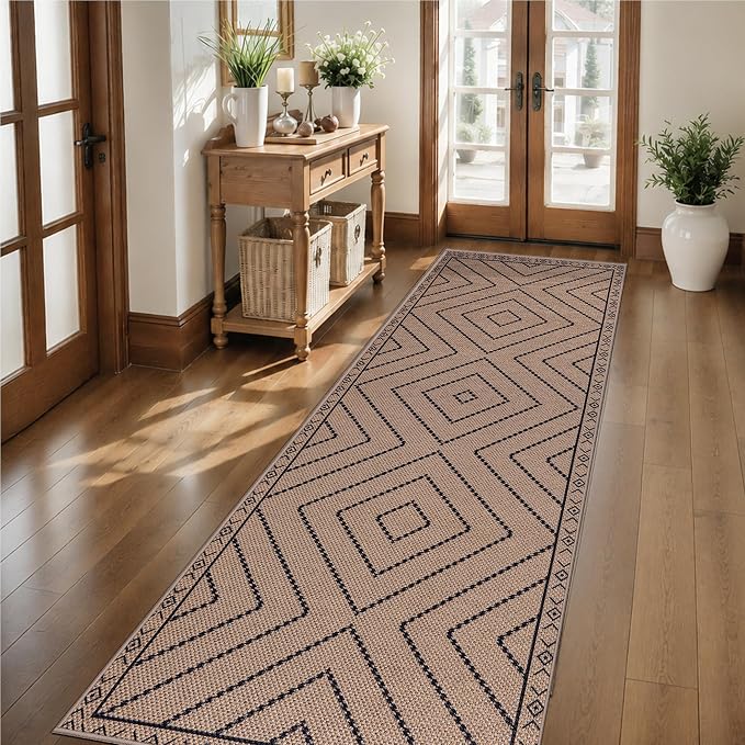 Tangsoo Easy Jute Rug 2.6x10 Washable Runner Rug for Hallways,Neutral Geometric Ultra Thin Indoor Carpet Runner Farmhouse Long Rnner Mat for Kitchen Entryway Laundry