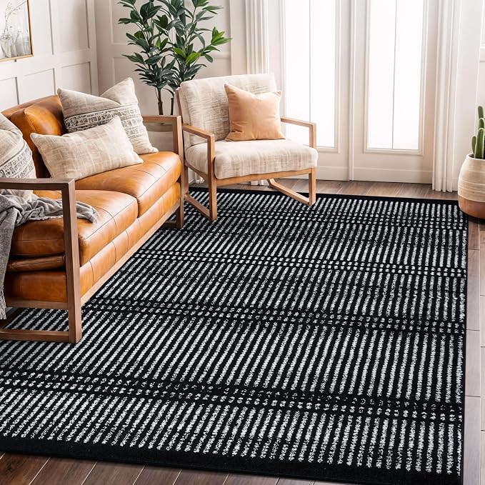 Rugshop Contemporary Stripe Lines High Traffic Area Rug Black 5' x 7' | Rectangular, Size 5' x 7', Living Room, Bedroom, Dining Room, Home Office, Kitchen, Entryway, Hallway, Nursery, Kids Room