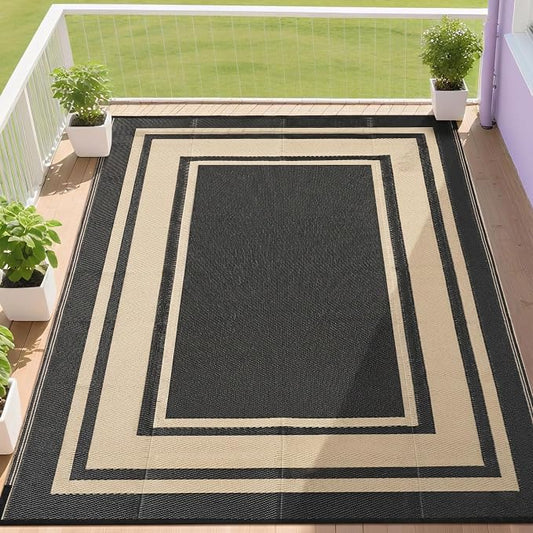 RURALITY Outdoor Rugs 8x10 Waterproof for Patios Clearance,Plastic Straw Mats for Backyard,Porch,Deck,Balcony,Reversible,Black and Beige