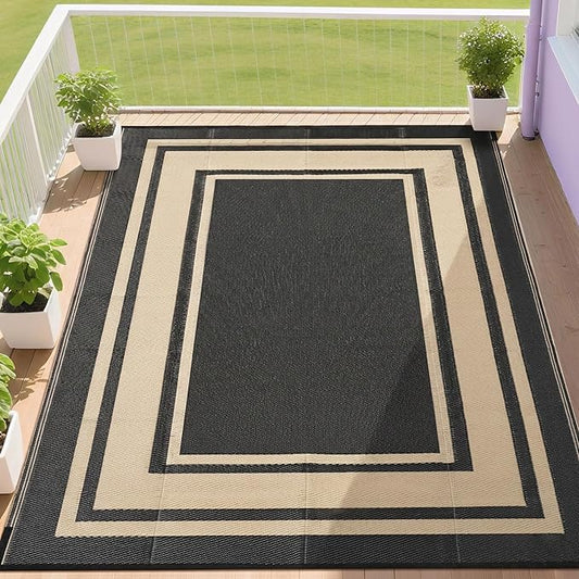 RURALITY Outdoor Rug 9x12 Waterproof for Patio Clearance,Large Plastic Straw Mat for Camping,Porch,RV,Reversible,Black and Beige