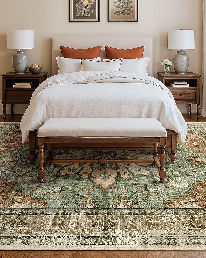 RELEANY Washable Area Rug, Large 10'x14', Brick/Brown/Green | Non-Slip, Water Repellent, Pet Friendly, Easy to Clean, Vintage Floral Boho Decor for Living Room Bedroom Dining Room