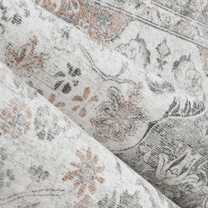 Taupe Area Rug 3x5 Entryway Vintage Floral Non-Slip Carpet | Machine Washable, Soft, Low Pile, for Bedroom, Dining Room, Kids Room, Nursery, Office, Retro Neutral Decor