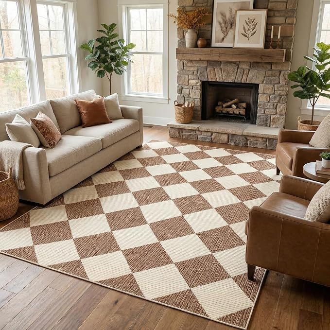 GarveeHome 5x7 Checkered Area Rug Modern Brown Washable Living Room Rug | Geometric Farmhouse Carpet Soft Low Pile Non Slip Diamond Floor Mat Plaid Print Throw Rug for Dining Room Playroom