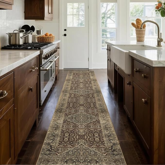 Vintage Brown Runner Rugs for Hallway: Washable Runner Rug 2x10 for Kitchen Entryway Bathroom Bedroom Indoor - Home Decor Mat Carpet - Oriental Dark Brown