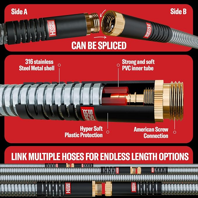 Best 100 ft Metal Garden Hose Set - No-Kink Durable 316 Stainless Steel, 10-Way Zync Spray Nozzle & Hook – Tough Flexible Heavy Duty Water Hoses, 5/8 in, Rust, Weather, LeakProof