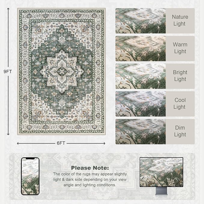 6x9 Area Rugs Living Room: Washable Rug for Bedroom Green Ivory | Boho No Slip Stain Resistant Rug Soft Indoor Decor Floor Floral 6x9 Area Rugs for Dining Room, Nursery, Hallway, Home Office