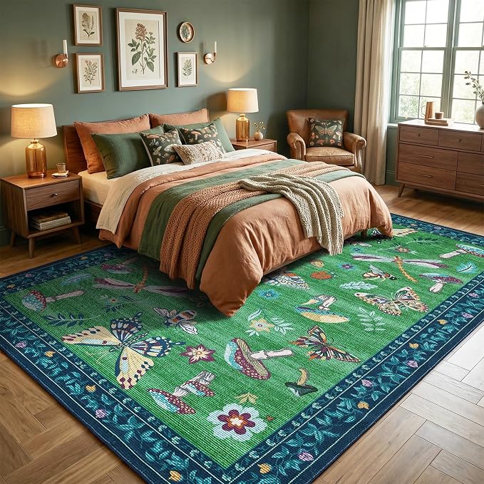 ROYHOME Mushroom Insect Washable Rug 5x7 for Bedroom Living Room Blue Green | Playroom Nursery Office Bug Moth Cute Funky Cottage Core Whimsical Boy Carpet Low-Pile Non-Slip Stain Resistant TPE Backing