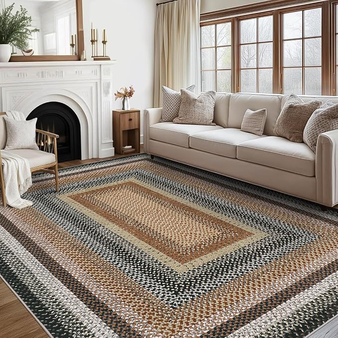 RUGSREAL 9x12 Braided Rug Washable Non Slip Living Room Bedroom Area Rugs | Modern Braid Printed Large Dining Room Rug with Rubber Backing Farmhouse Accent Carpet for Home Decor Office, Sand/Bronze