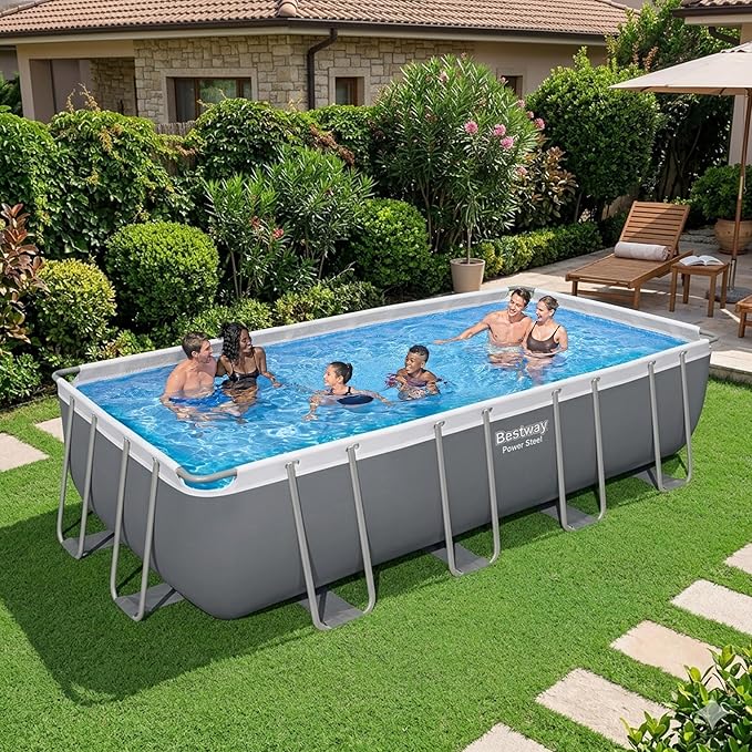 Bestway Power Steel 18' x 9' x 48" Above Ground Pool Set with Pump | Durable Rectangular Metal Frame Outdoor Backyard Pool - Ladder, Cover, and Type III Filter Cartridge Included, Gray
