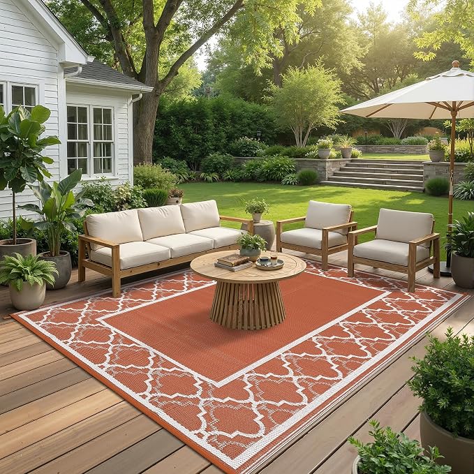 Garvee Reversible Outdoor Rug 10x14, Waterproof Outdoor Plastic Straw Rug with Interlacing Pattern, RV Mat for Picnics, Patio, Camping, Balcony, Deck, Backyard, Porch, Orange
