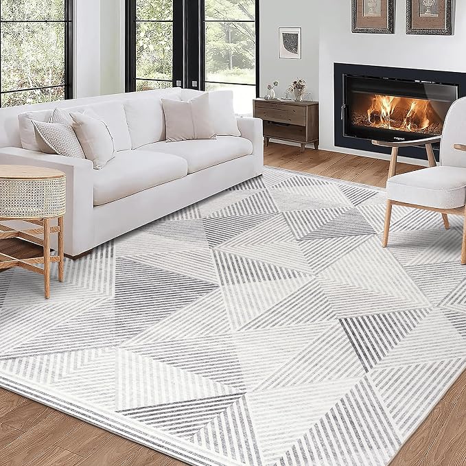 Machine Washable Area Rug - Living Room Bedroom Bathroom Kitchen Entryway Office - Padded Low Pile Stain Resistant Premium - Modern Geometric Contemporary - Miles - Gray 4' x 6'