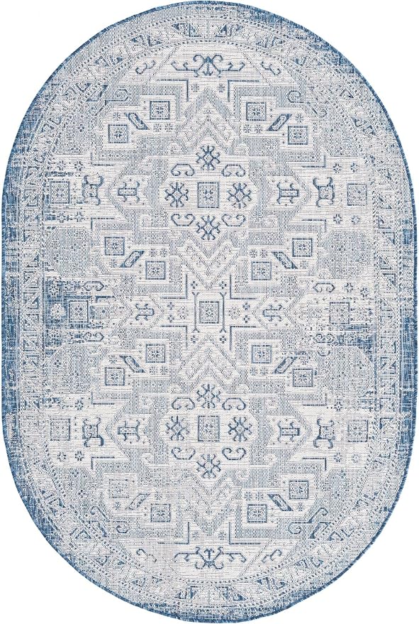 Unique Loom Outdoor Aztec Collection Area Rug - Coba (5' 3" x 7' 10" Oval, Blue/ Ivory)