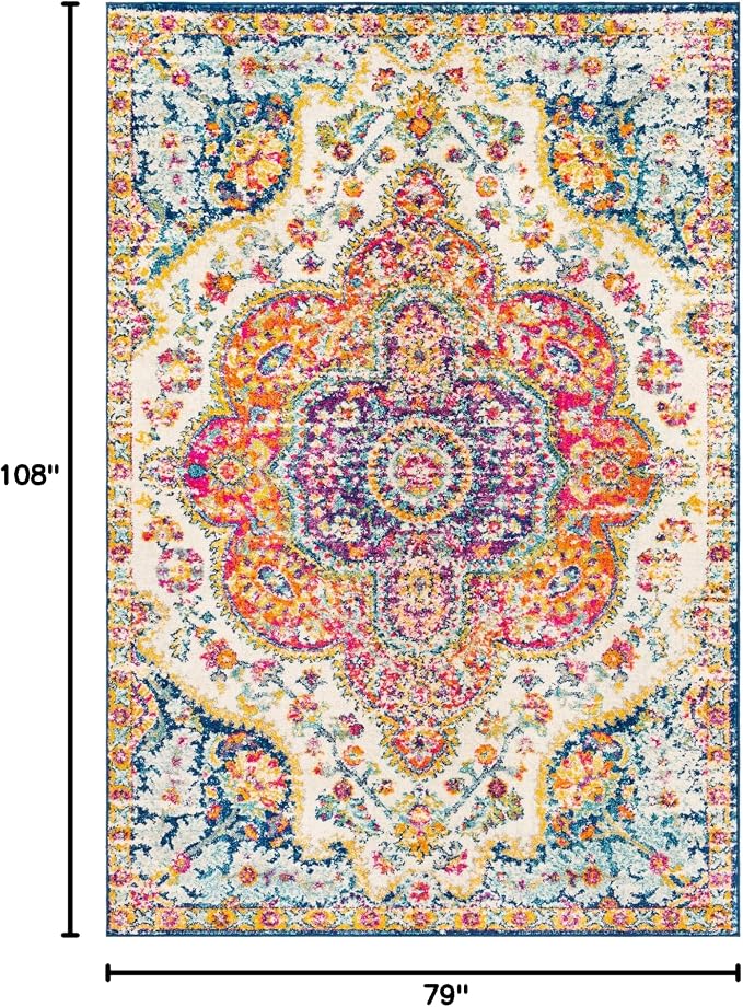 Livabliss Area Rugs - 7x9 Romaine Vintage Boho Fuchsia Mustard Blue Area Rug for Living Room Bedroom - Floral Medallion Stain Resistant Carpet for Kitchen, Nursery, Office (6'7" x 9')