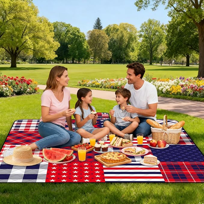 Poedist Extra Large Patriotic Picnic Blanket Waterproof,80"x 80"Foldable Machine Washable Beach Blanket,Outdoor Blanket for 6-8 Adults,Suitable for Indoor Crawling,Park,Camping,Hiking,Family Travel