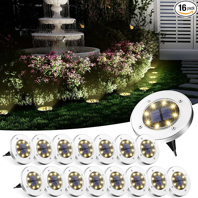 SOLPEX Solar Ground Lights, 16 Pack Solar Lights Outdoor Waterproof, 8 LED Solar Powered Landscape Lighting for Garden Yard Patio Pathway Driveway Walkway (Warm White)