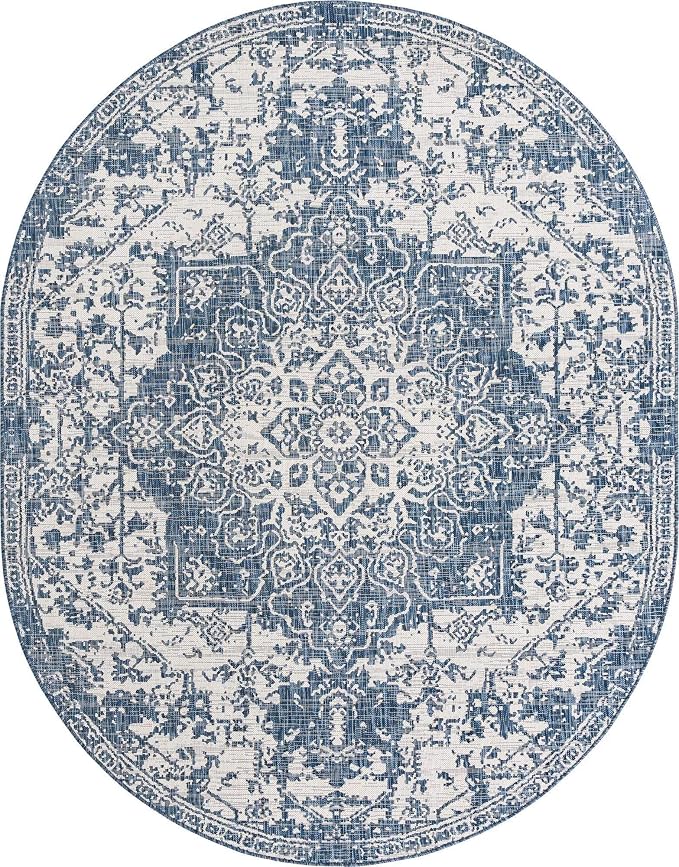 Unique Loom Outdoor Collection Area Rug - Dubai (7' 10' x 10' Oval, Blue/ Ivory)
