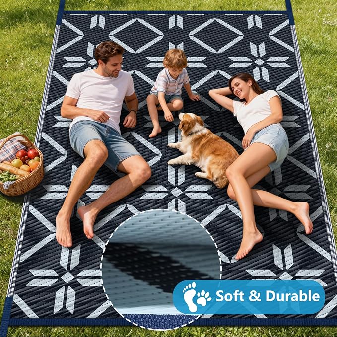 Kohree Outdoor Rug Waterproof 9x12, Reversible RV Outdoor Plastic Straw Rug Patio Mat, Non-Slip Easy Cleaning RV Carpet for Patio Camping Deck Picnic, Backyard, Includes Carry Bag (Blue)
