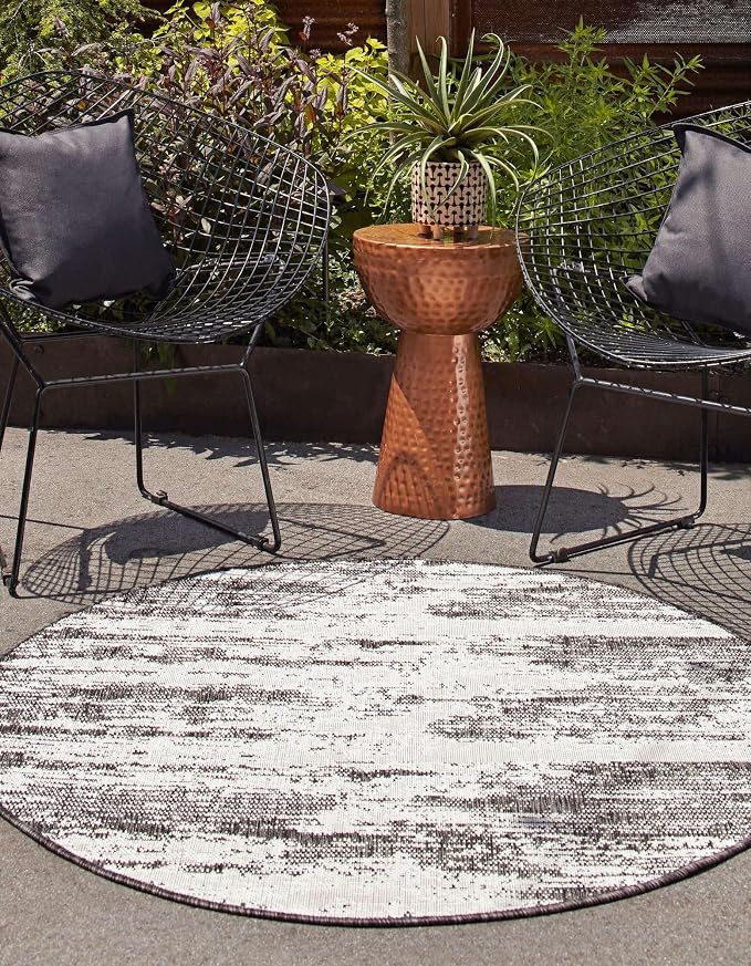 Unique Loom Outdoor Modern Collection Area Rug - Cartago (3' Round, Charcoal/ Ivory)
